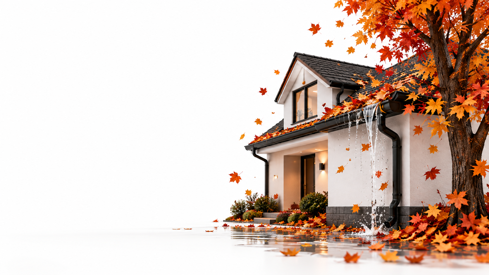 White North Jersey home surrounded by autumn leaves